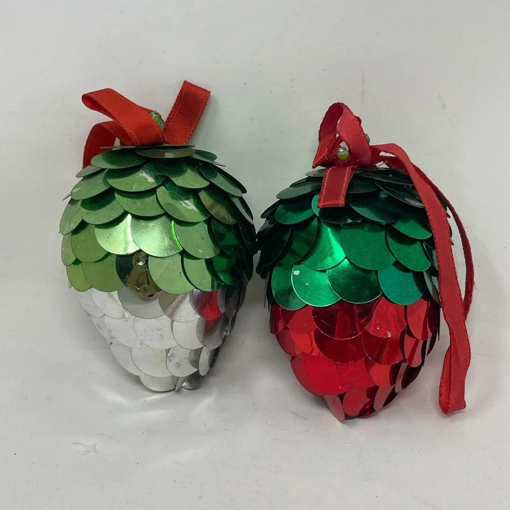Vintage Handmade Sequin Pinecone Ornaments Set of 2 Green Red Silver Retro MCM